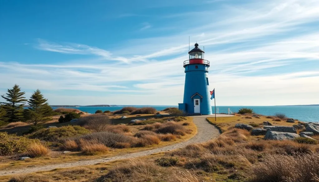 Generate an image of The Bug Lighthouse at Tongue Point, highlighting its distinctive blue color and historic significance.