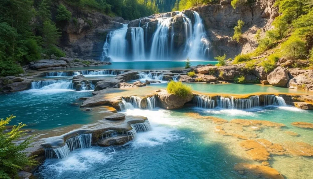 Generate an image of The Cascades with its cascading pools and small waterfalls.
