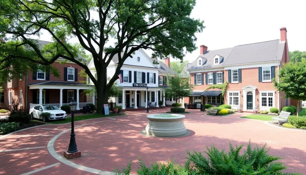 Generate an image of The Circle in Georgetown, Delaware, showcasing its historic buildings and picturesque surroundings.