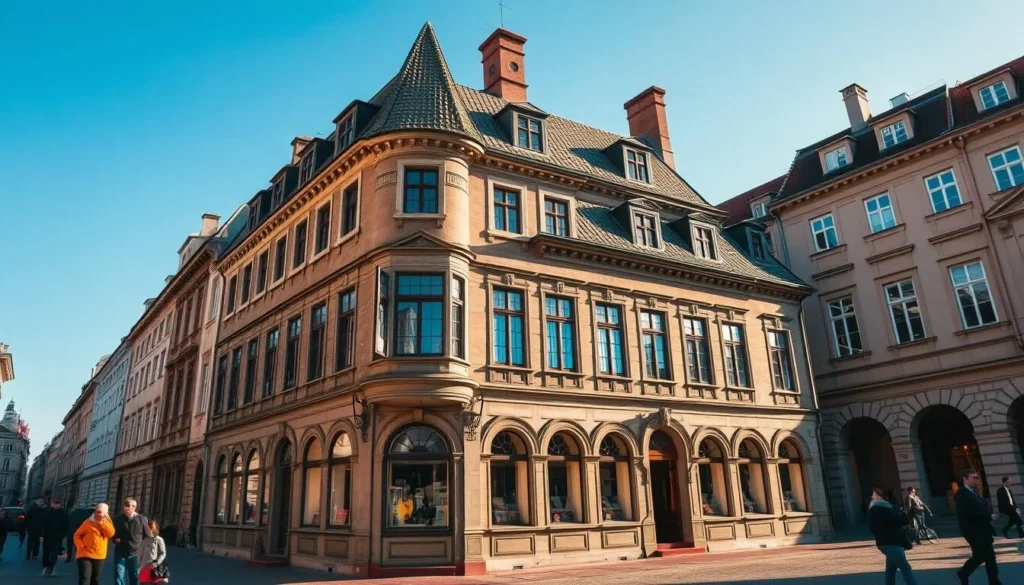 Generate an image of The Corner House in Riga, highlighting its historical significance.