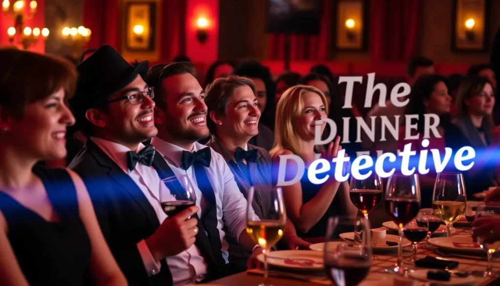 Generate an image of The Dinner Detective Murder Mystery Show, capturing the suspense and fun of the evening.