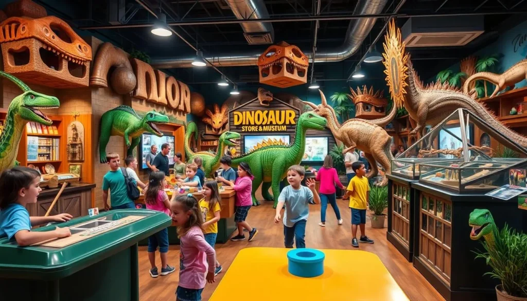 Generate an image of The Dinosaur Store and Museum's Adventure Zone with kids playing and having fun.