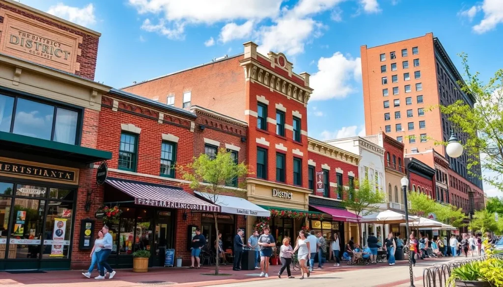 Generate an image of The District in Columbia, Missouri, showcasing its vibrant shopping and entertainment scene.
