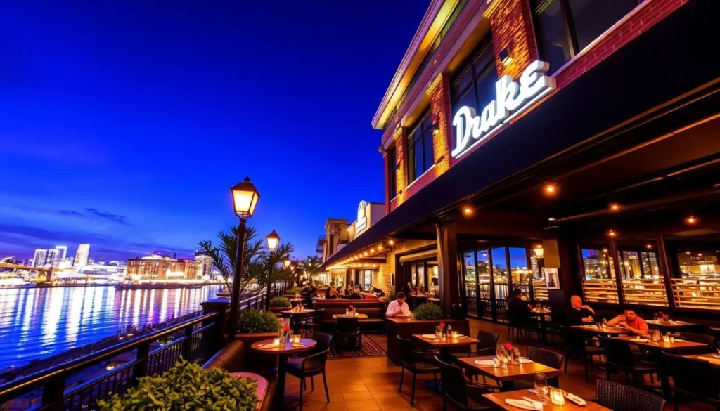 Generate an image of The Drake on the Riverfront's outdoor seating area or a view of the Mississippi River from the restaurant.