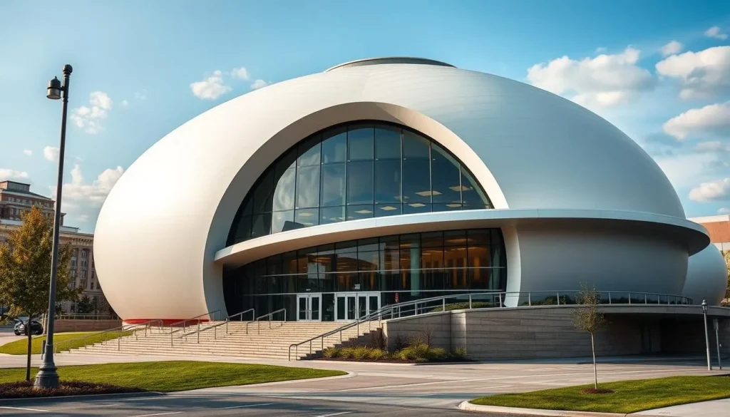 Generate an image of The Egg Performing Arts Center in Albany, New York, highlighting its unique architecture and modern design.