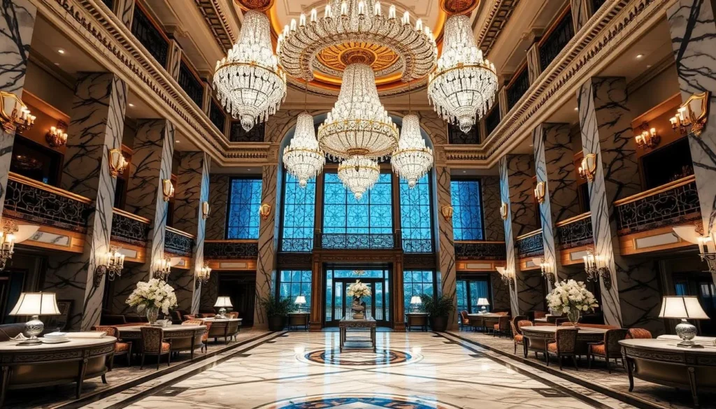 Generate an image of The Empire Hotel & Country Club's grand lobby with its three-story marble and crystal chandeliers.