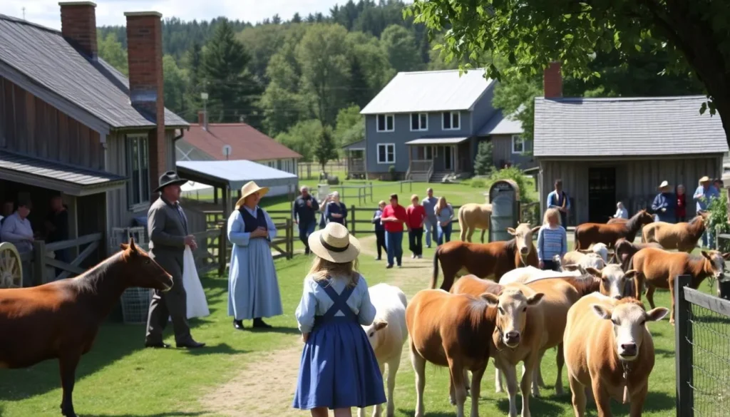 Generate an image of The Farmers' Museum's historic village with costumed interpreters and farm animals.