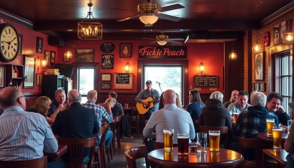 Generate an image of The Fickle Peach Pub's interior, showcasing its cozy atmosphere, craft beers, and live music performance.