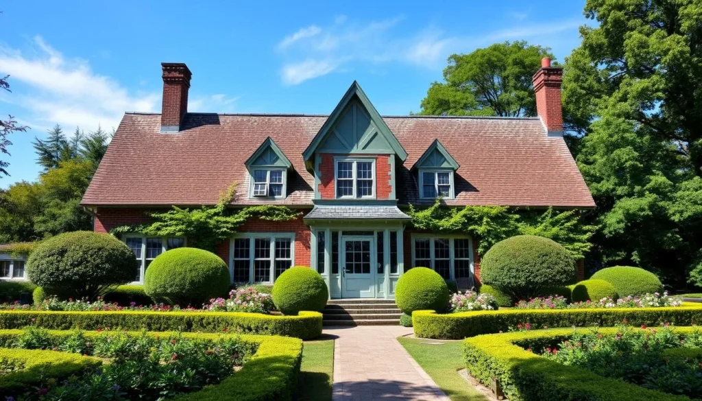 Generate an image of The House of the Seven Gables with its distinctive gables and beautiful gardens.