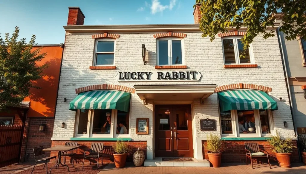 Generate an image of The Lucky Rabbit's exterior, showcasing its unique vintage architecture.