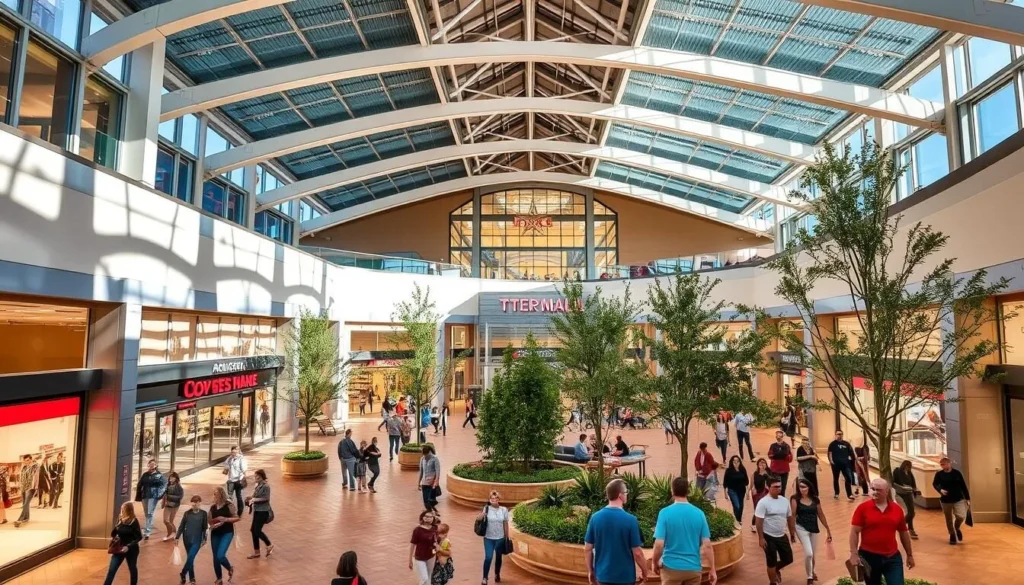 Generate an image of The Parks Mall at Arlington, showcasing its modern architecture and bustling atmosphere.