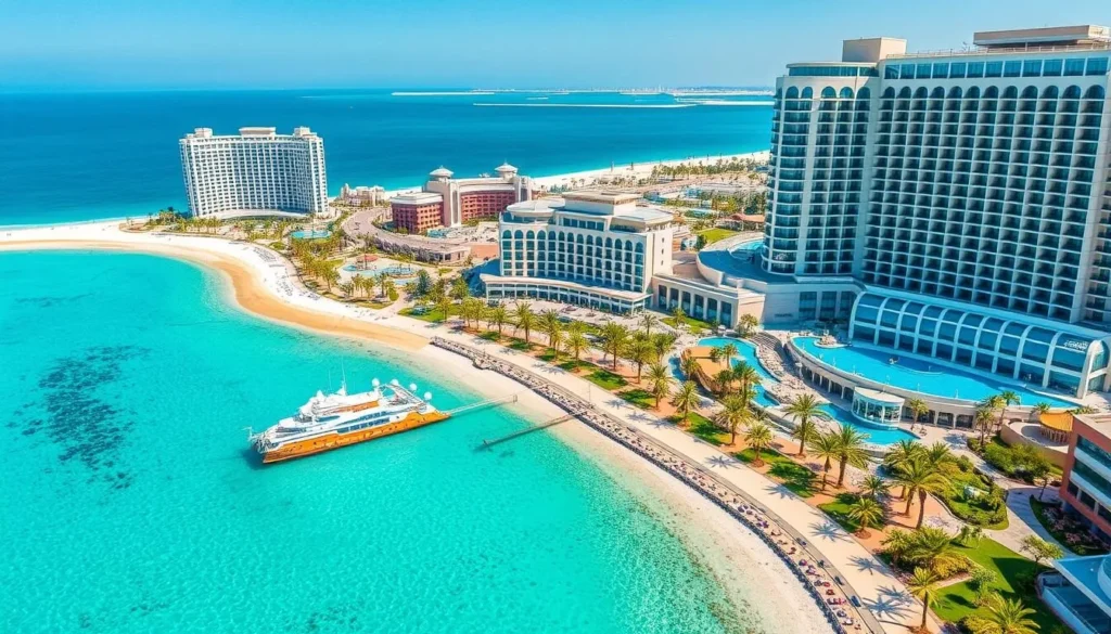 Generate an image of The Pearl-Qatar's beautiful beaches and luxury hotels.