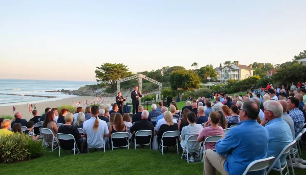 Generate an image of The Perlman Music Program's outdoor concert setting near Crescent Beach.