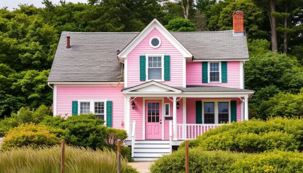 Generate an image of The Pink House on Plum Island, Massachusetts, with its distinctive pink color and surrounded by lush greenery.