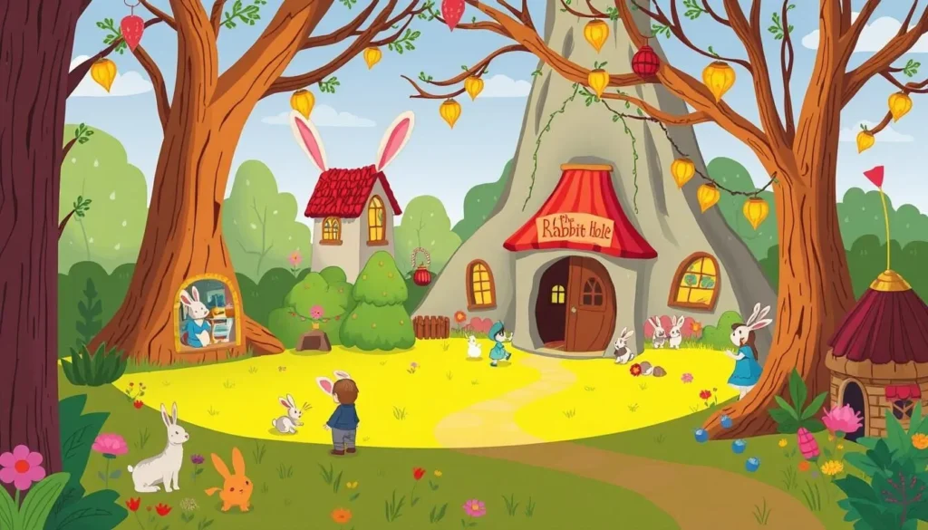 Generate an image of The Rabbit h0le Kansas City with a scene from a children's storybook