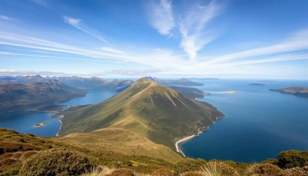 Generate an image of The Snout Track, highlighting its picturesque peninsula and views of Queen Charlotte Sound.