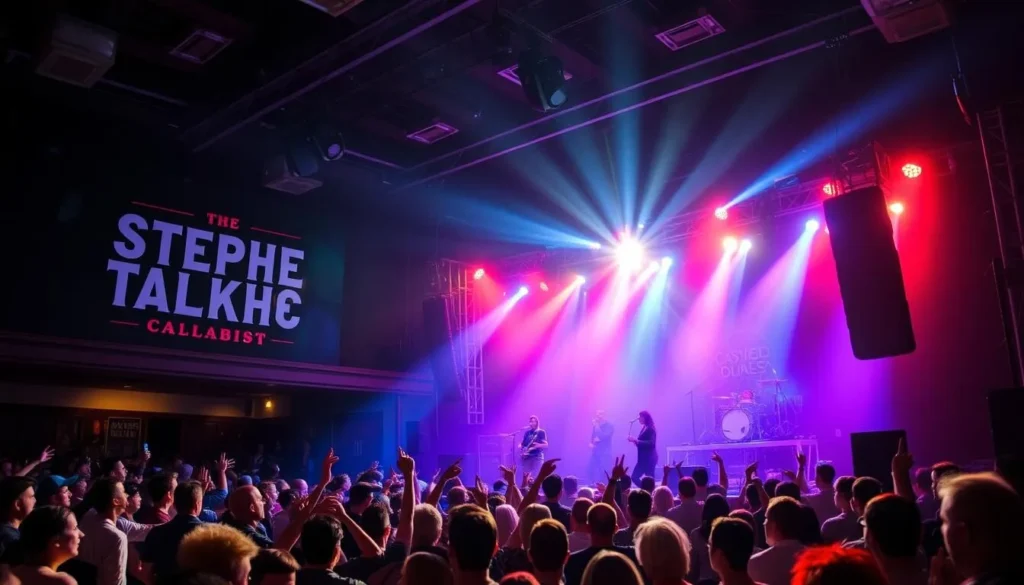 Generate an image of The Stephen Talkhouse during a live music event, showcasing the energetic atmosphere.