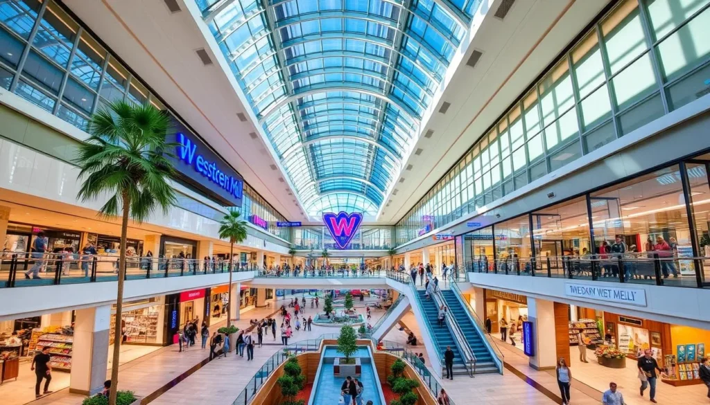 Generate an image of The Westchester Mall in White Plains, NY, showcasing its modern architecture and bustling atmosphere.