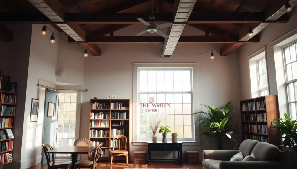 Generate an image of The Writer's Center's interior, showcasing its peaceful atmosphere and literary events.
