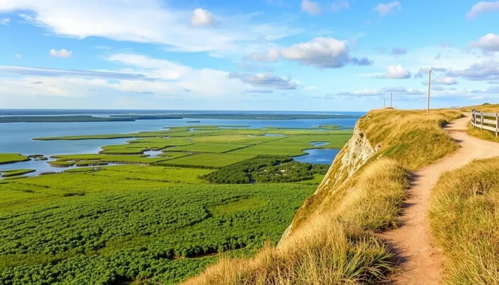 Generate an image of Thorne Head Preserve's hiking trails with scenic overlooks and salt marshes.