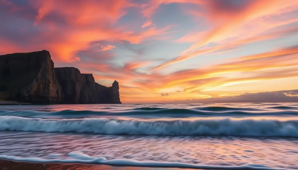 Generate an image of Three Cliffs Bay at sunset