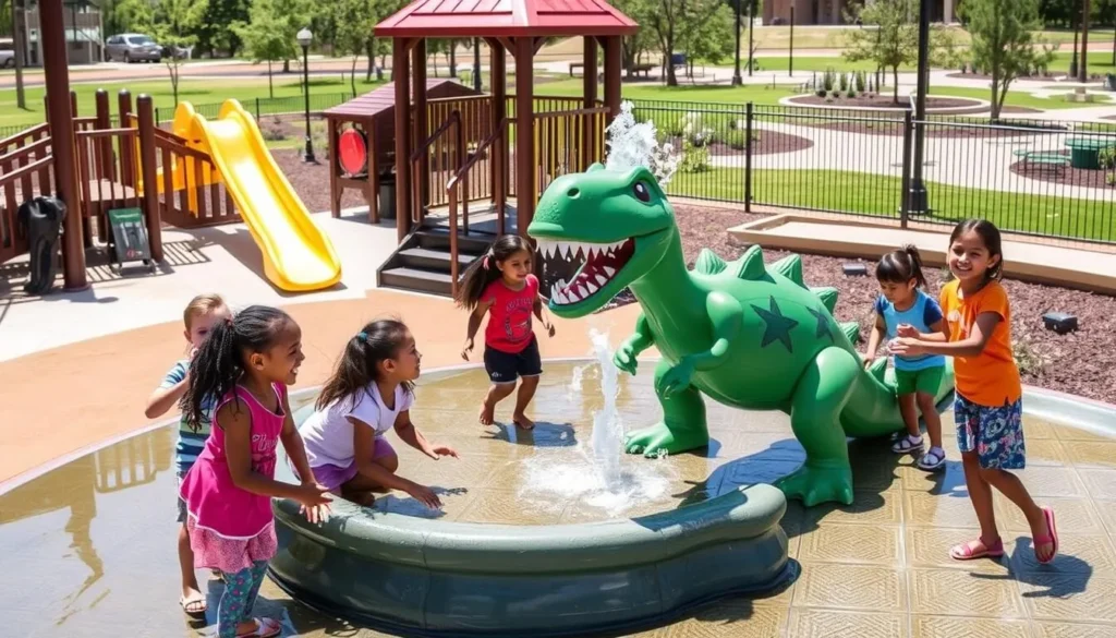 Generate an image of Thunder Junction All-Abilities Park's dinosaur-themed playground with a T-Rex water fountain and children playing.