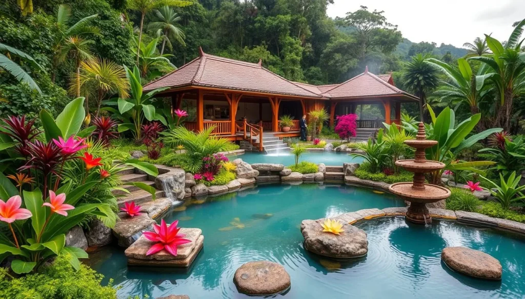 Generate an image of Ti Kwen Glo Cho hot springs surrounded by tropical gardens