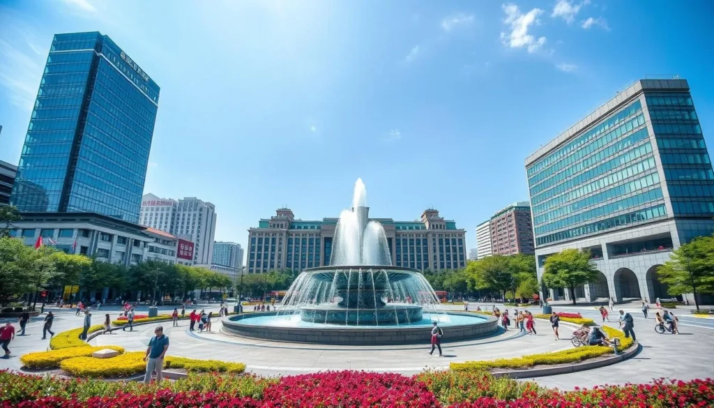 Generate an image of Tianyu Square with a large fountain in the center, surrounded by modern buildings.