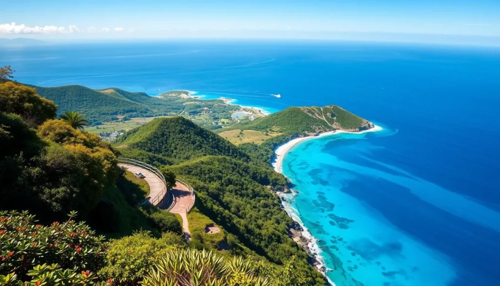 Generate an image of Timothy Hill Lookout on St. Kitts with a panoramic view of the coastline.