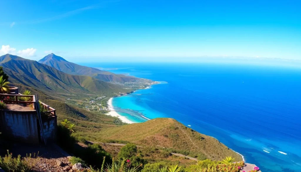 Generate an image of Timothy Hill, St. Kitts, showcasing the panoramic view of the Atlantic Ocean and Caribbean Sea.