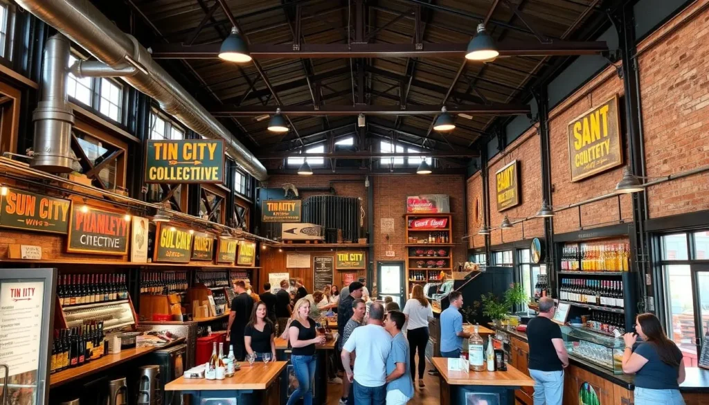 Generate an image of Tin City Wine Collective's industrial complex with various wine and craft beverage vendors.