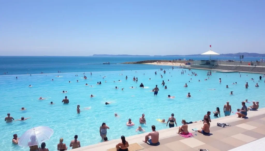 Generate an image of Tinside Lido Plymouth during a sunny day with people swimming and enjoying the surroundings.