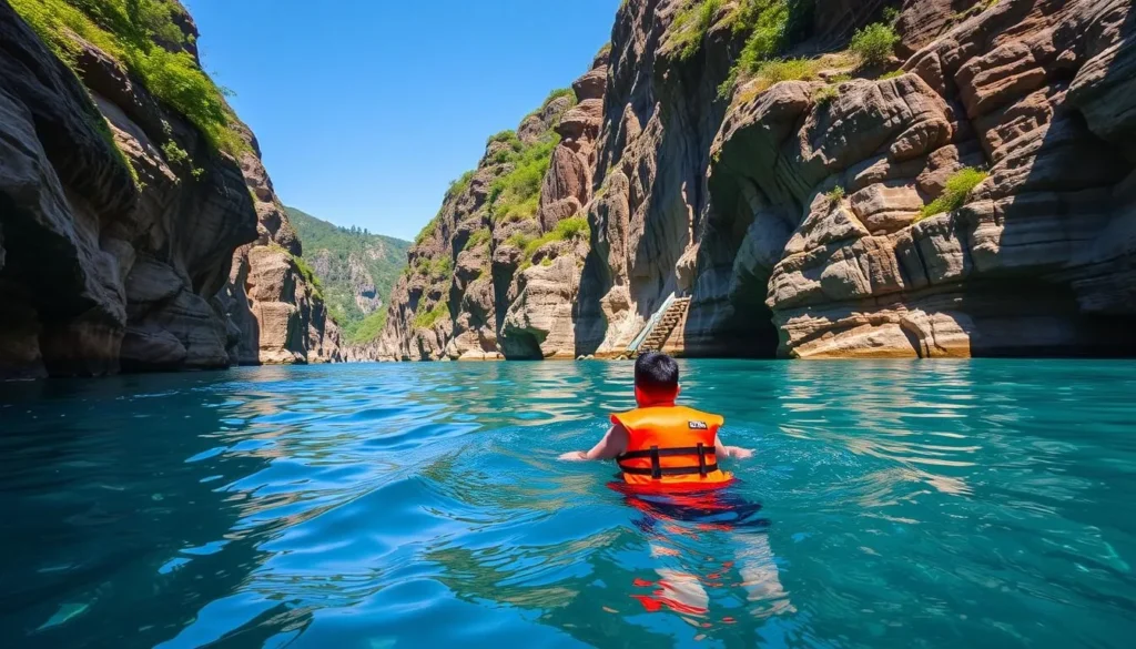 Generate an image of Titou Gorge with a swimmer wearing a life jacket.
