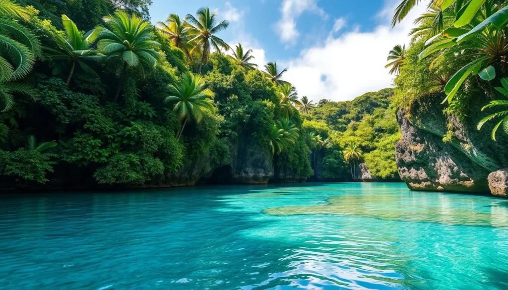 Generate an image of To Sua Ocean Trench, showcasing its crystal-clear waters surrounded by lush tropical gardens.