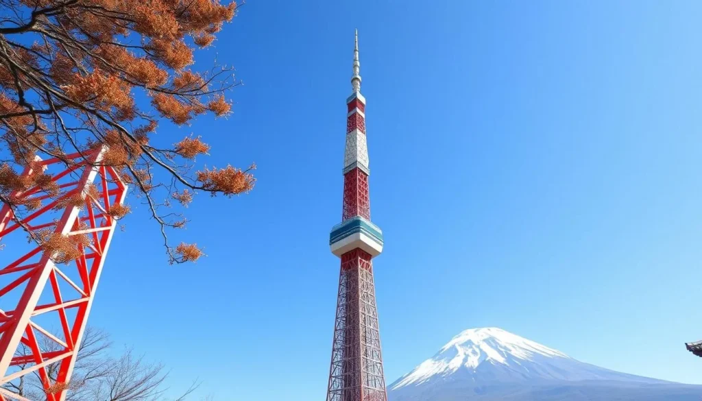 Generate an image of Tokyo Skytree with a clear view of Mount Fuji in the background.