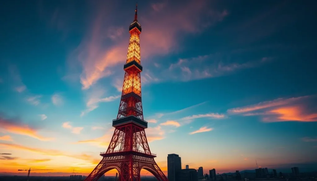 Generate an image of Tokyo Tower at sunset.