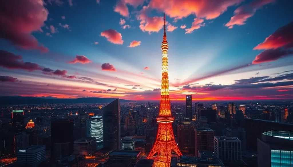 Generate an image of Tokyo Tower at sunset with the cityscape in the background.