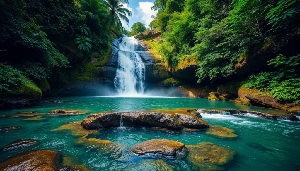 Generate an image of Tolmer Falls with its plunge pool and surrounding landscape.