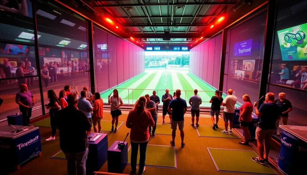 Generate an image of Topgolf Fishers with people enjoying the hitting bays and a lively atmosphere.