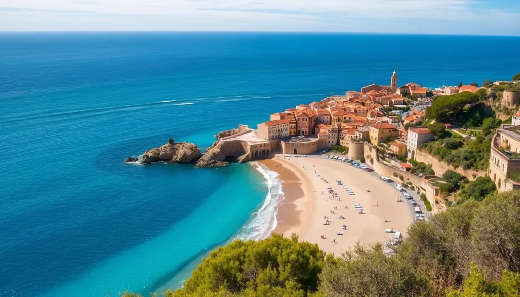 Generate an image of Tossa de Mar's crescent beach with the medieval old town in the background.