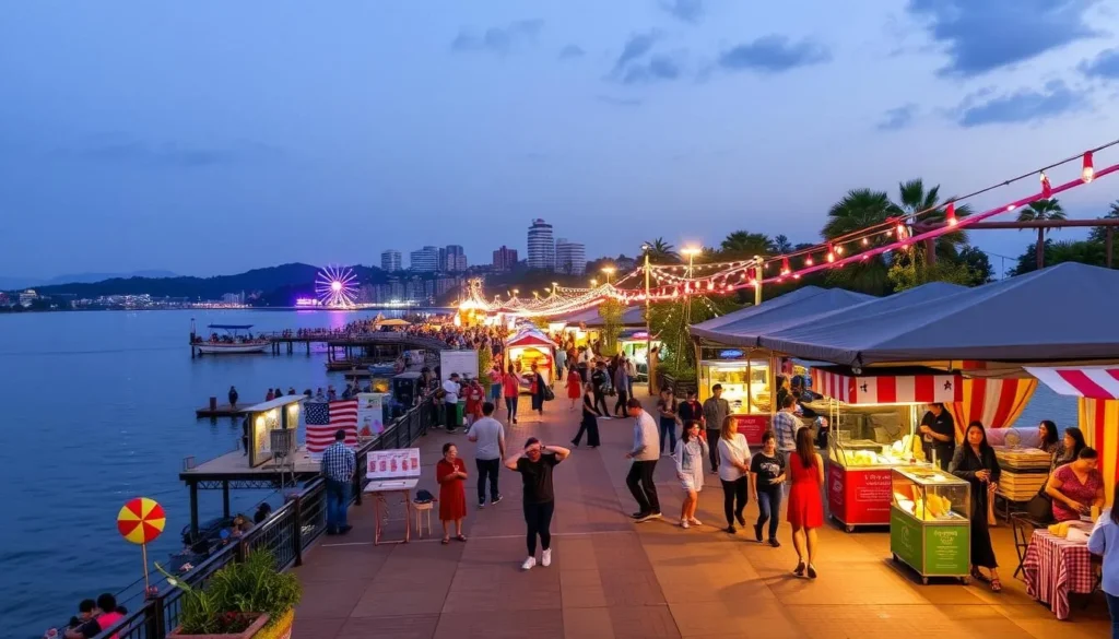 Generate an image of Town Point Park with a festival in progress, showcasing the park's scenic waterfront views and lively atmosphere.