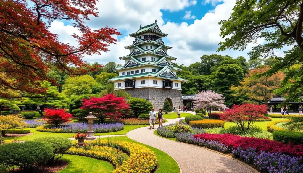 Generate an image of Toyama Castle Park with its reconstructed castle tower and beautiful Japanese garden.