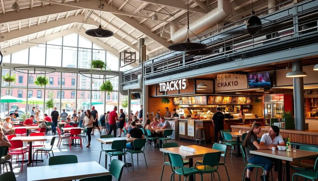 Generate an image of Track15 food hall in Providence, showcasing its indoor-outdoor seating and diverse vendors.