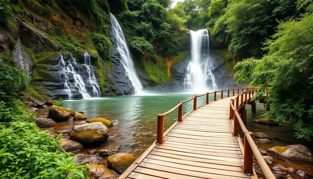 Generate an image of Trafalgar Falls with the twin waterfalls and a wooden walkway.