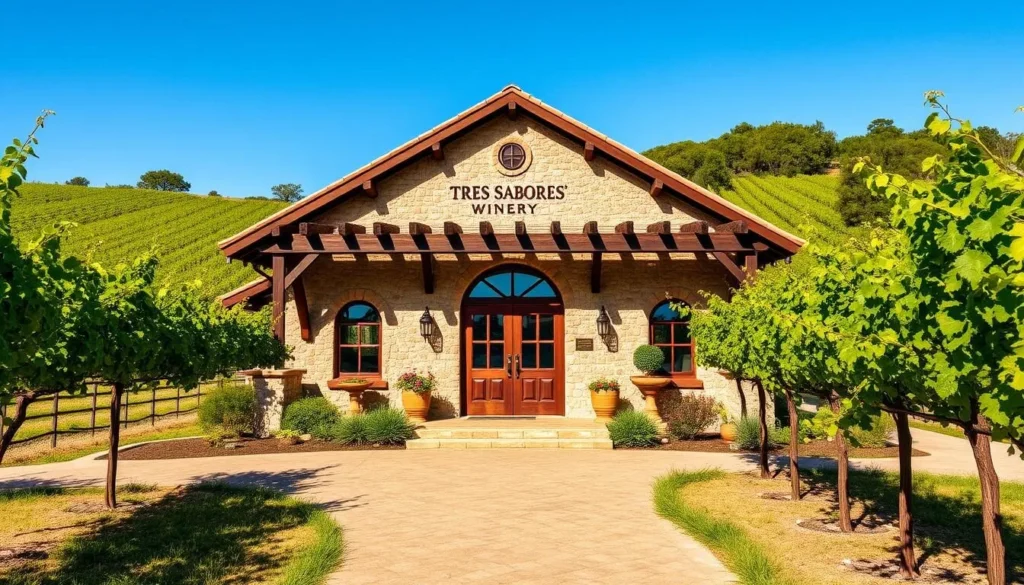Generate an image of Tres Sabores Winery's rustic tasting room surrounded by lush vineyards.