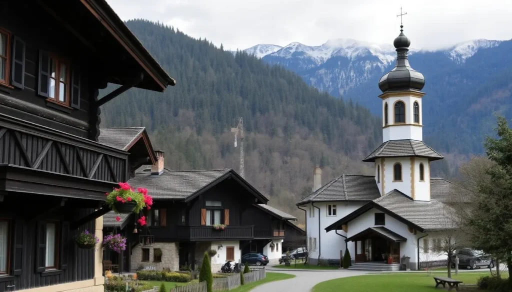 Generate an image of Triesenberg village with dark timber chalets and an onion-domed church nestled in the mountains.