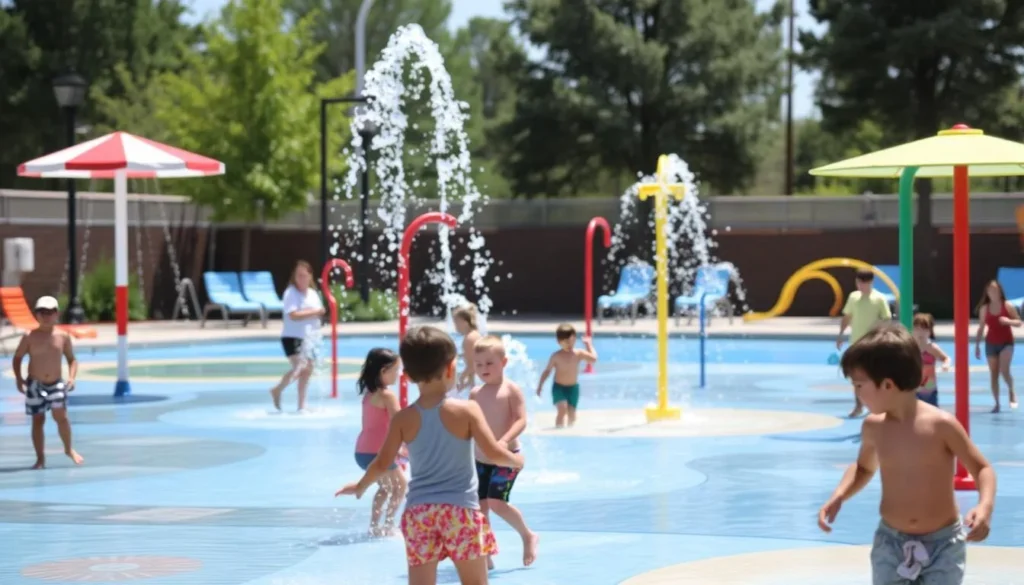 Generate an image of Tuhey Pool & Water Park's splash pad area.