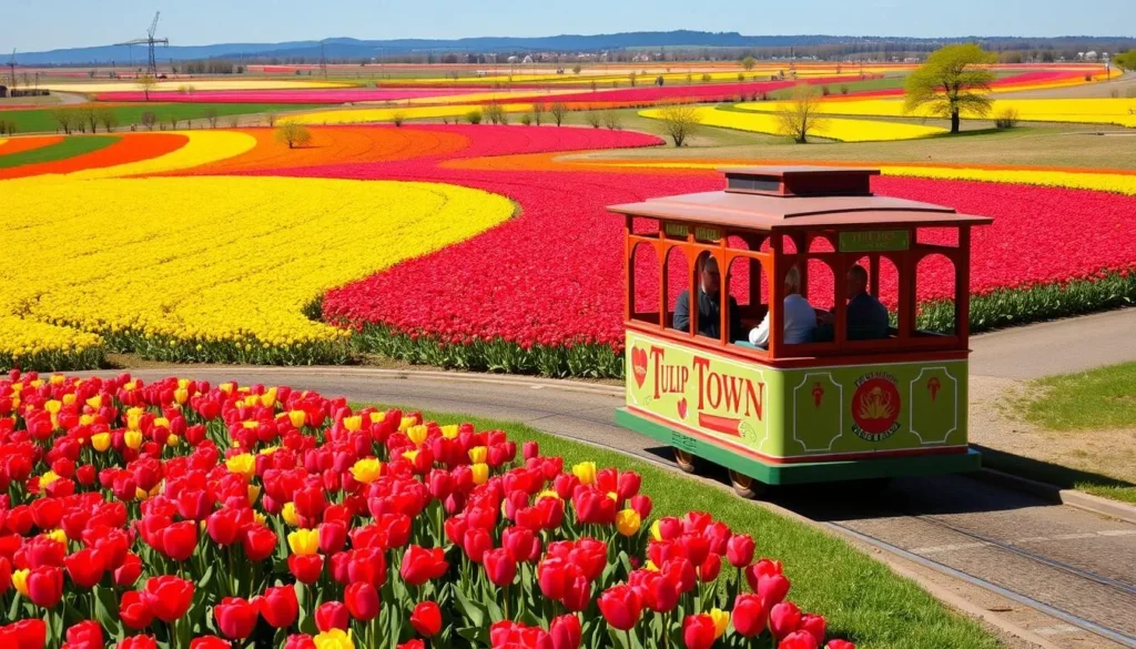 Generate an image of Tulip Town with vibrant tulip fields and a trolley ride in progress.
