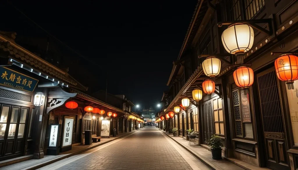 Generate an image of Tunxi Old Street at night with lanterns illuminating the ancient buildings.