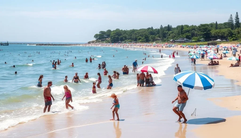 Generate an image of Turner Beach with families playing in the water and a few beach umbrellas.